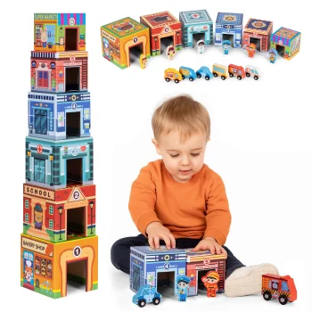 City Stacking Blocks Tower with Wooden Vehicles and Figures 18-Piece Set
