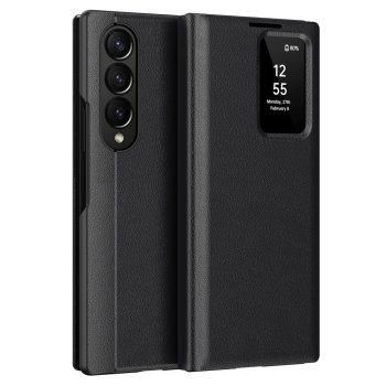 Samsung Galaxy Z Fold 4 (SM-F936) Leather Cover with View Window Card Slot Case, Black