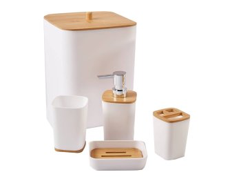 6-Piece Bathroom Accessory Set with Bamboo Details, White