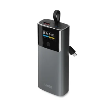 SBS 10000mAh PD 20W Powerbank with LCD Display and Built-in USB-C Cable, Gray