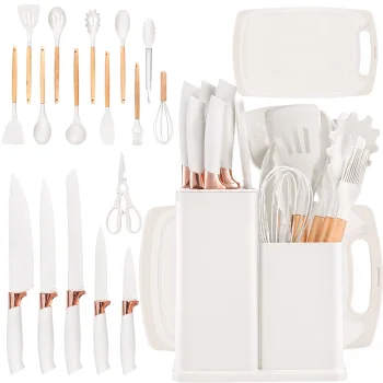 Kitchen Knife and Utensil Set with Block and Cutting Board, 19 Pieces, White
