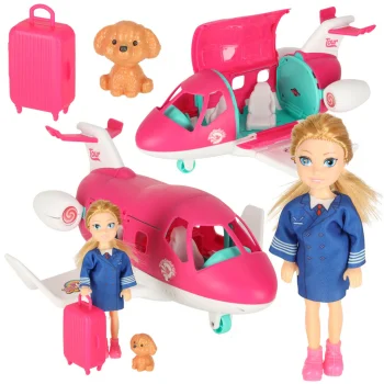 Foldable Doll Airplane with Stewardess and Accessories, Pink