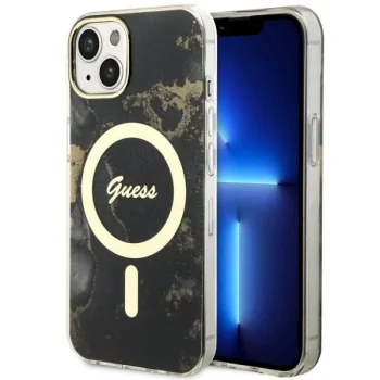 Guess iPhone 14 Plus Case Golden Marble MagSafe, Black