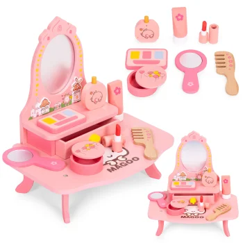 Ecotoys Kids Wooden Dressing Table with Mirror and Drawer, 7 Accessories