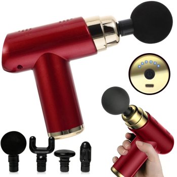 Mini Massage Gun, Portable Deep Tissue Muscle Massager with 4 Heads, Red