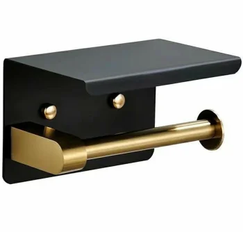 Toilet Paper Holder with Shelf, Black/Gold