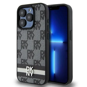 DKNY iPhone 15 Pro Max Case Leather Checkered Mono Pattern, Black