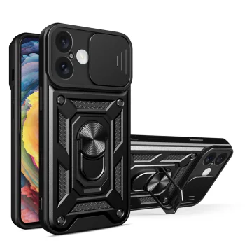 Smūgiams atsparus dėklas iPhone 16 Plus su kameros dangteliu ir stovu, mėlynas