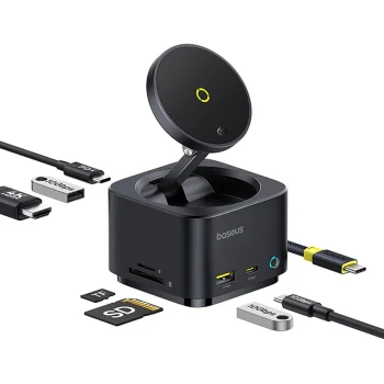 Baseus MagPro Series II 7-in-1 USB-C Hub with MagSafe-compatible Charger 15W + HDMI + USB-A + USB-C + SD/TF - Black