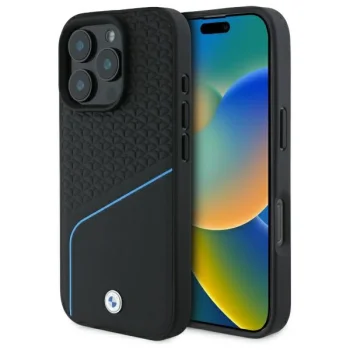 BMW iPhone 16 Pro Max Case Sign Leather Textured And Line MagSafe, Black