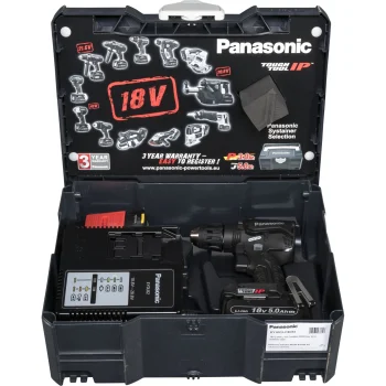 Panasonic EY1DD1J18D32 Cordless Drill Driver, 18V, 2x 5.0 Ah, Black