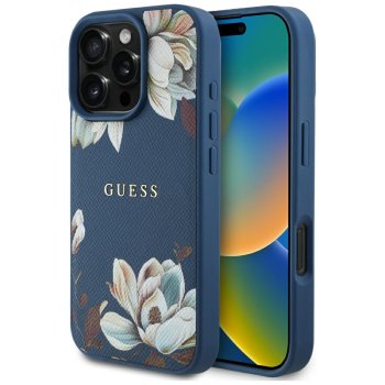 Guess Grained Printed Flower Pattern MagSafe Phone Case Cover iPhone 16 Pro Max blue