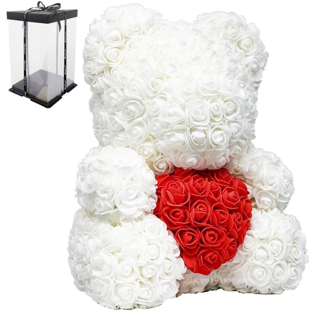 Rose Bear Teddy with Heart and LED Lights 23 cm, White & Red (1)
