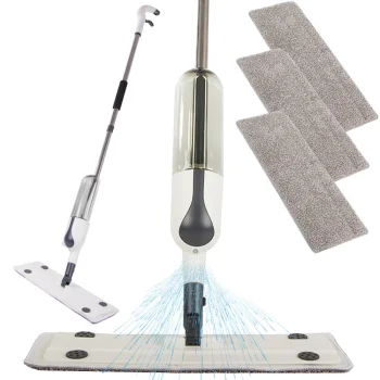 Flat mop with spray, rotating, 3 microfiber pads, white
