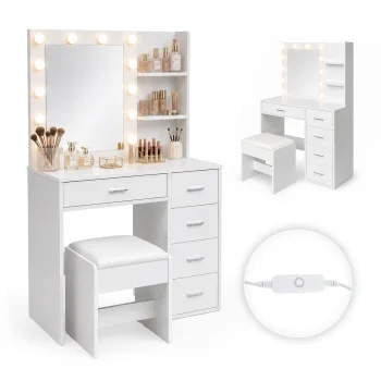 ModernHome Vanity Table with LED Mirror, 5 Drawers and Stool