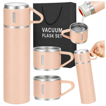 Travel Thermos 400ml with 3 Cups Stainless Steel, Pink