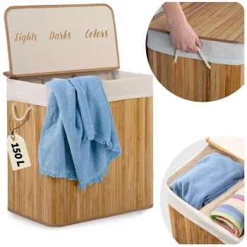 Massido Bamboo Laundry Basket with Lid, 3 Compartments, 150 L