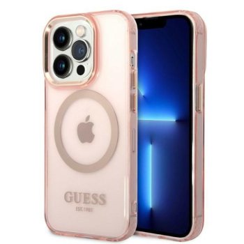 Apple iPhone 14 Pro 6.1'' Guess Gold Outline Translucent MagSafe Case Cover (GUHMP14LHTCMP), Pink