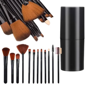 Professional Makeup Brush Set with Case, 12 pcs, Black/Brown