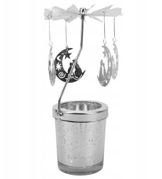 Spinning Carousel Candle Holder with Moon Charms, Silver
