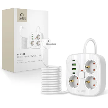 Tech-Protect PCS3X4 Power Strip, 3 Sockets, 2xUSB-A, 2xUSB-C 200 cm - White