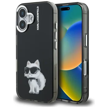 Karl Lagerfeld IML Aquarelle Choupette & Logo iPhone 16 dėklas, juodas