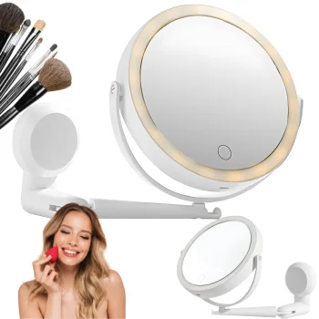 Wall-Mounted Rotating 360° LED Makeup Mirror with 1x/5x Magnification, White