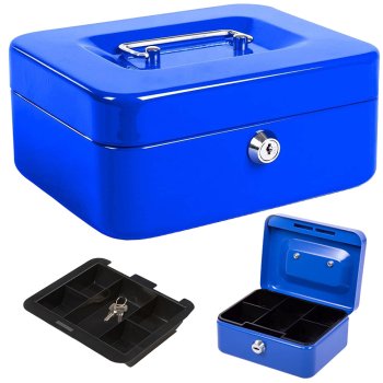 Metal cash box with key and compartments, 20x16x9 cm, blue
