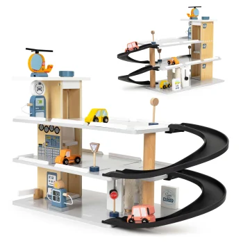 Ecotoys Large Wooden Garage Parking Set with Elevator and Cars