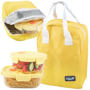 Glass Meal Prep Containers with Insulated Bag, 2-Pack, 650/950ml, Yellow