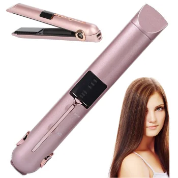 Cordless Ceramic Hair Straightener with LCD & Power Bank, Pink