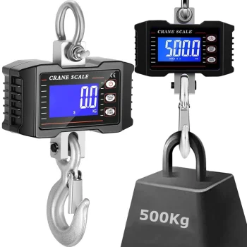 Pakabinamos svarstyklės su kabliu iki 500 kg, apšviečiamas LCD, akumuliatorius