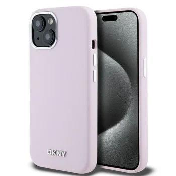 DKNY iPhone 15 Case Silicone Horizontal Metal Logo MagSafe, Pink