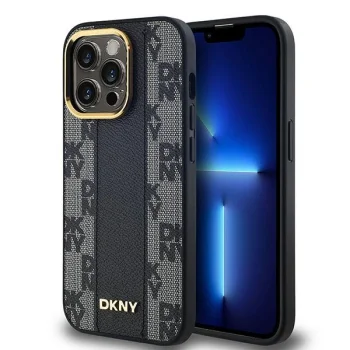 DKNY iPhone 14 Pro Max Case Leather Checkered Mono Pattern MagSafe, Black