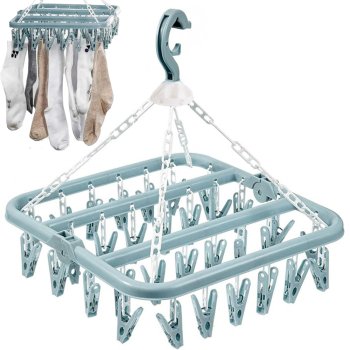 Compact clothes drying rack with 32 clips for socks and underwear, blue