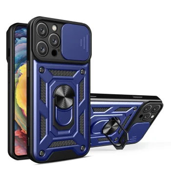 Hybrid Armor Camshield Case for iPhone 16 Pro Max with Camera Cover and Stand, Blue