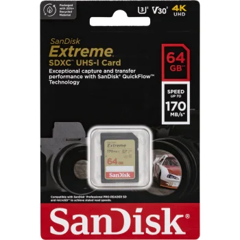 SanDisk Extreme SDXC 64GB UHS-I U3 V30 Memory Card (SDSDXV2-064G-GNCIN)