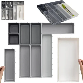 Kitchen Drawer Cutlery Organizer, 10 Pieces, White/Grey