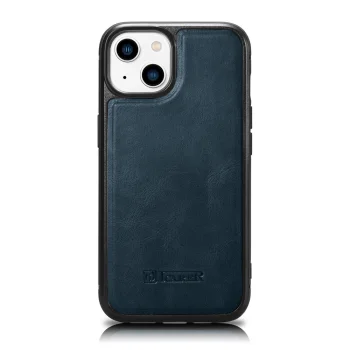 iCarer Leather Oil Wax Genuine Leather Case for iPhone 14 Plus, Blue