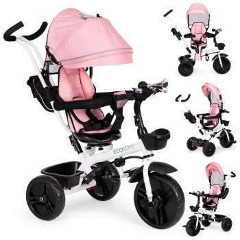 ECOTOYS Kids Tricycle with 360° Swivel Seat and Parent Handle, Pink