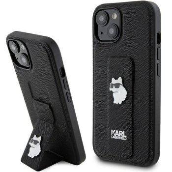 Apple iPhone 15 Plus 6.7'' Karl Lagerfeld Gripstand Saffiano Choupette Pins Cover Case, Black
