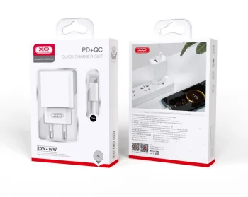 XO CE02A Wall Charger 20W USB + USB Type C + Charging Data Cable ( Type C to Apple Lightning ) 3A, White