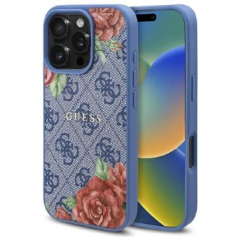 Guess 4G Flowers Print MagSafe Case for iPhone 16 Pro, Blue