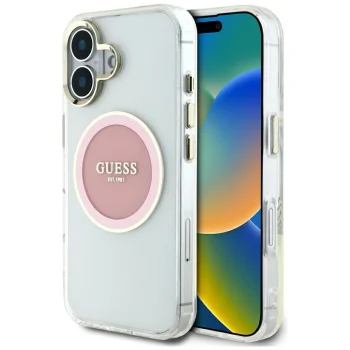 Guess IML Metal Colored Circle Classic Logo MagSafe dėklas iPhone 16, rožinis