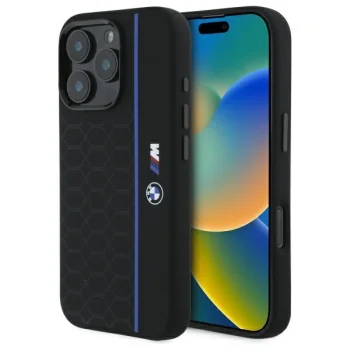BMW iPhone 16 Pro Max Case Silicone Hexagon Blue Line MagSafe, Black
