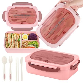 Bento Lunch Box with 3 Compartments and Cutlery Set, Pink