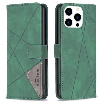 Apple iPhone 14 Pro 6.1'' Geometric Texture Wallet Stand Leather Phone Book Case Cover, Green