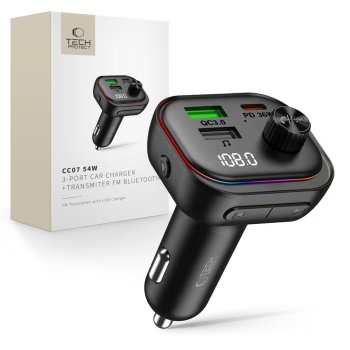 Tech-Protect CC07 3-Port PD 54W Car Charger & Bluetooth FM Transmitter, Black