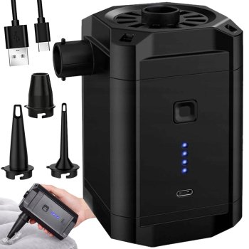 Rechargeable Electric Air Pump for Air Mattresses, Pools, and Camping, 3 Nozzles, USB-C