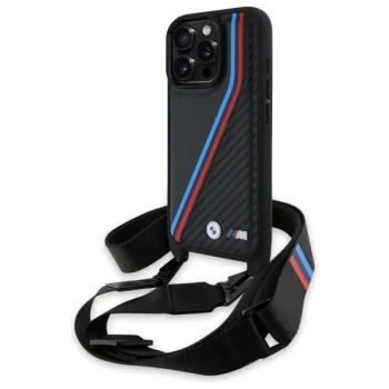 BMW iPhone 16 Pro Max Case M Edition Carbon Tricolor Lines & Strap, Black